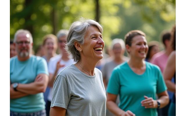 Group of diverse adults participating in an outdoor community wellness event in a park, smiling and active.