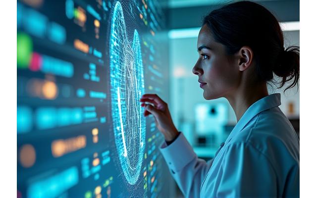 Scientist analyzing data on a futuristic transparent screen, surrounded by health technology and research equipment.