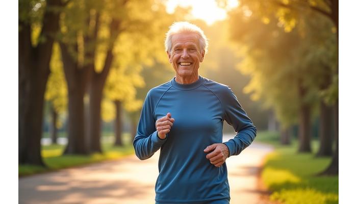 An active senior adult (60s, male) enjoying a brisk walk outdoors on a sunny day, smiling and looking vibrant, symbolizing healthy aging and physical activity.