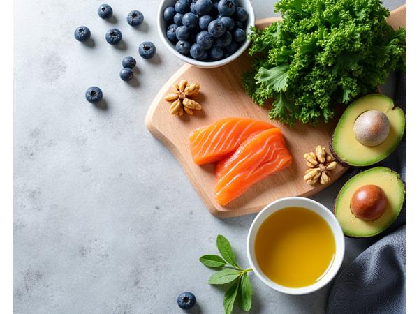 An aesthetically arranged collection of brain-healthy foods including blueberries, walnuts, leafy greens, salmon, and avocados on a wooden board.