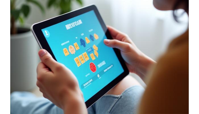 A sleek, modern tablet screen displaying an interactive brain training game with colorful puzzle pieces and a progress bar.