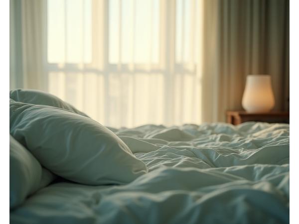 A calm, restful bedroom scene with soft lighting, symbolizing improved sleep quality and stress reduction, featuring subtle elements like a weighted blanket or essential oil diffuser.