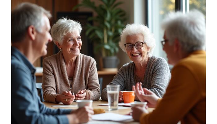 A diverse group of adults (40s-60s) actively participating in a community class or book club, engaged in conversation and learning, showing positive social interaction.