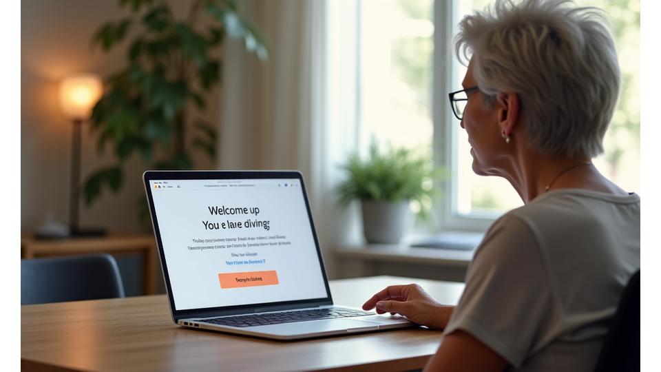 A woman reviewing a digital onboarding process on a laptop, with a warm, encouraging atmosphere.