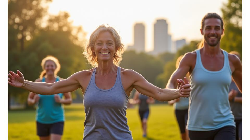 A diverse group of middle-aged adults participating in a balanced fitness class outdoors, showing various forms of exercise including gentle stretching, strength training with light weights, and mindful movement, with a Nashville skyline subtly in the background.
