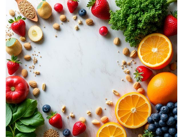 A colorful assortment of fresh, vibrant fruits, vegetables, nuts, and seeds arranged artfully, symbolizing wholesome and balanced nutrition tailored for midlife wellness.
