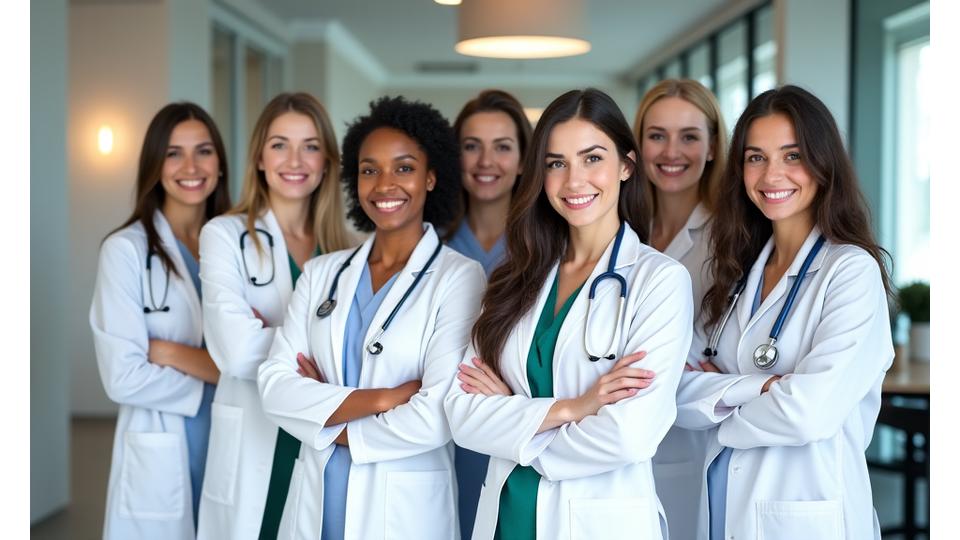 A diverse group of healthcare professionals smiling, including doctors, nutritionists, and therapists, standing together in a modern, light-filled clinic reception area, emphasizing collaboration and comprehensive patient support.
