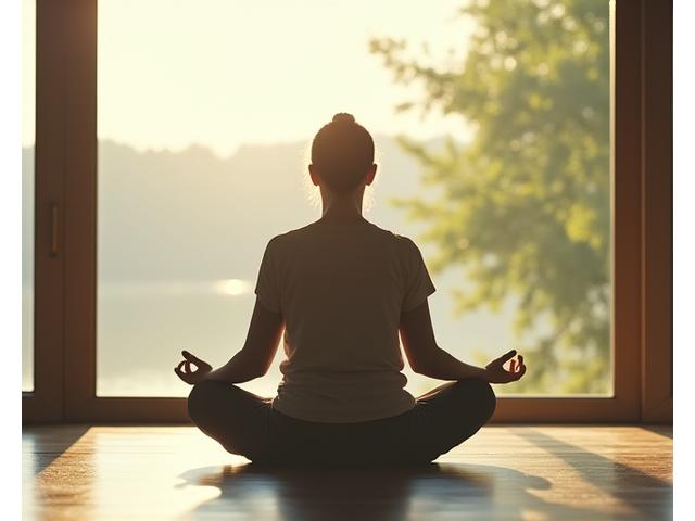 A serene composition featuring a person in a peaceful meditation pose silhouetted against a softly blurred natural background with dappled sunlight, symbolizing tranquility and mental clarity.
