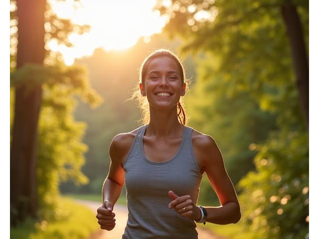 Empowered woman in her 40s smiling confidently while hiking in a lush Nashville park, embodying vitality and personal growth. She is wearing modern activewear and looking toward a bright horizon.