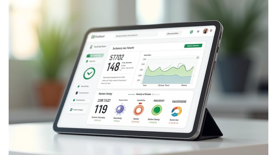A clean, modern digital dashboard displaying health metrics like steps, sleep, and heart rate, with progress graphs and customizable widgets, on a tablet screen.
