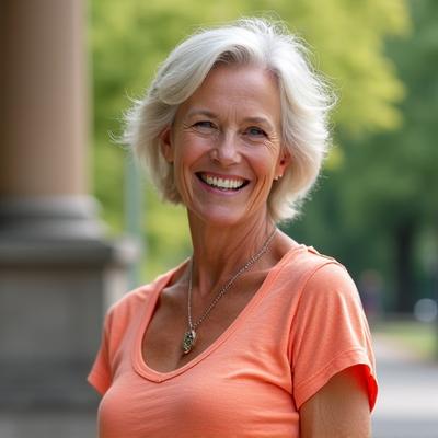 A woman in her late 50s, smiling brightly and looking energetic, perhaps after a walk in Nashville's Centennial Park.