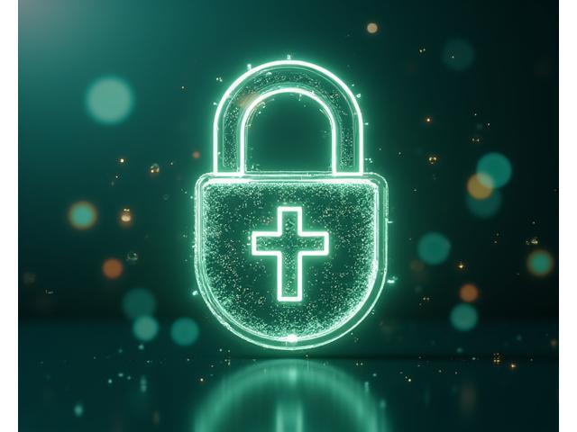 Digital lock icon with medical crosses, symbolizing health data security