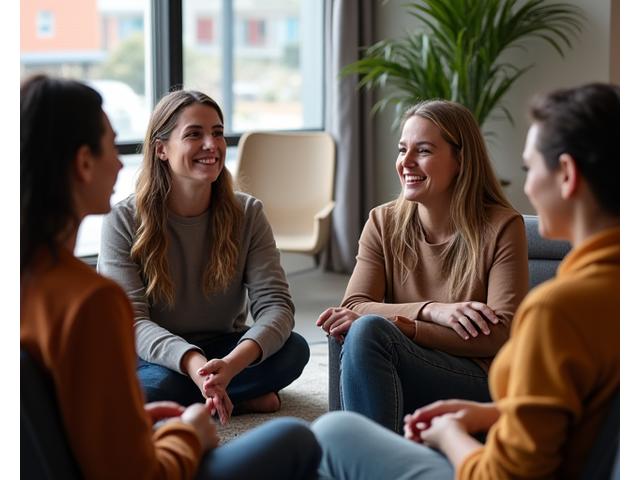 A group of diverse adults engaging in a calm discussion in a bright, modern community space, representing a mindfulness community in Nashville.