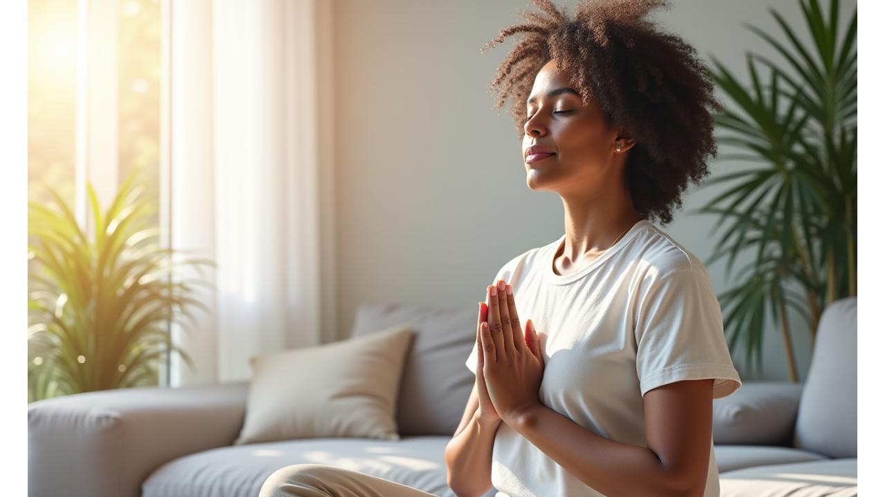 A serene adult practicing mindfulness in a modern, light-filled space, representing calm amidst daily life challenges.