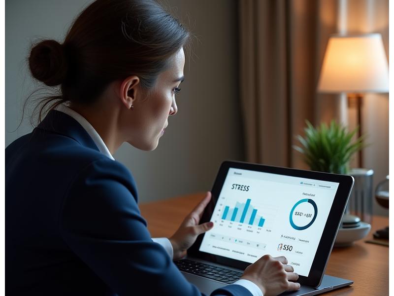 An adult looking thoughtfully at a digital tablet displaying a stress level graph, symbolizing self-reflection and data-driven wellness.