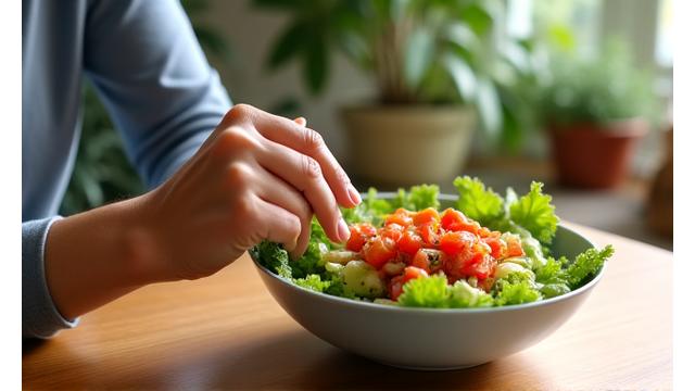 A person mindfully eating a fresh salad, emphasizing slow, conscious consumption and enjoyment of food.