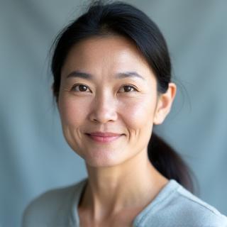 Headshot of Sarah Chen, a calm and wise-looking Asian woman with gentle eyes, in a yoga or mindfulness studio setting.