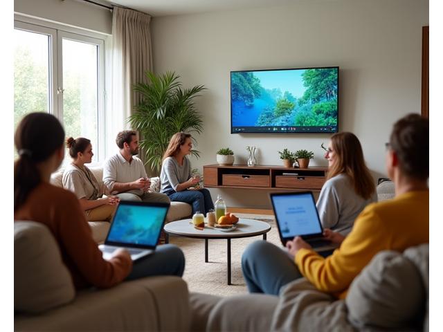 A diverse group of adults of varying ages, comfortably watching a wellness webinar on digital tablets and laptops in a bright, modern living room setting, symbolizing convenient on-demand access to learning.